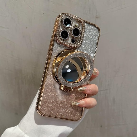 ( Make up Mirror ) Magnetic Kickstand Case for iPhone 15 14 13 12 Pro Max (Sparkling Diamond ) (Glitter Lens Protector ) Cover Shiny Rhinestone Cases (Gold,for iPhone 14 Pro)