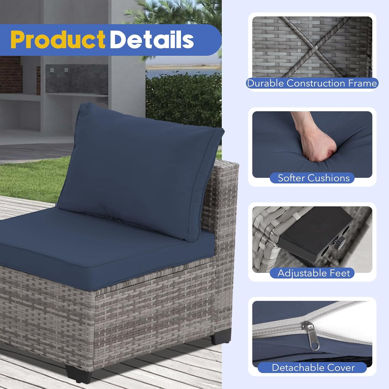YIORTWO 7-Piece Outdoor Patio Furniture Set, PE Wicker Sectional Conversation Sofa Set with Glass Coffee Table, Weather-Resistant Cushions for Patio, Garden, Backyard