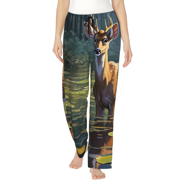 Fotbe Peaceful Deer Lily Pond Pantalones de Pijama para Mujer, Pantalones de Dormir, Pantalones Pj con Cordón y Bolsillos-3X-Large