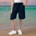 thumbnail image 4 of lcziwo Linen Bermuda Shorts for Girls Knee Length Casual Summer Capri Pants Solid Color Side Split Beach Shorts with Pockets Navy Ropa de Verano Para Mujer, 4 of 8