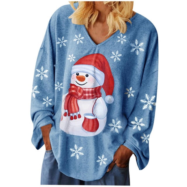 Camisas casuales de manga larga para mujer, suéter, túnica suelta, blusa con cuello en V y estampado de árbol de Navidad Fridja FKASFK1337
