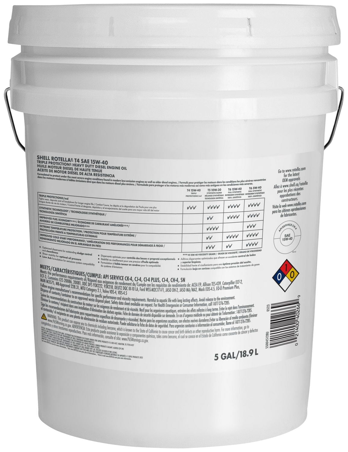 Shell Rotella T4 15W40 pour moteur diesels 18.9L Rotella T4 15W40 18.9L