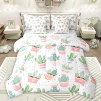 jejeloiu Cartoon Cactus 7 Pieces Bedding Comforter Set,Kawaii Unicorn Full Bedding Set,Green White Pink Fitted Sheet Flat Sheet For Girls Kids,Luxury Bedroom Decor Reversible
