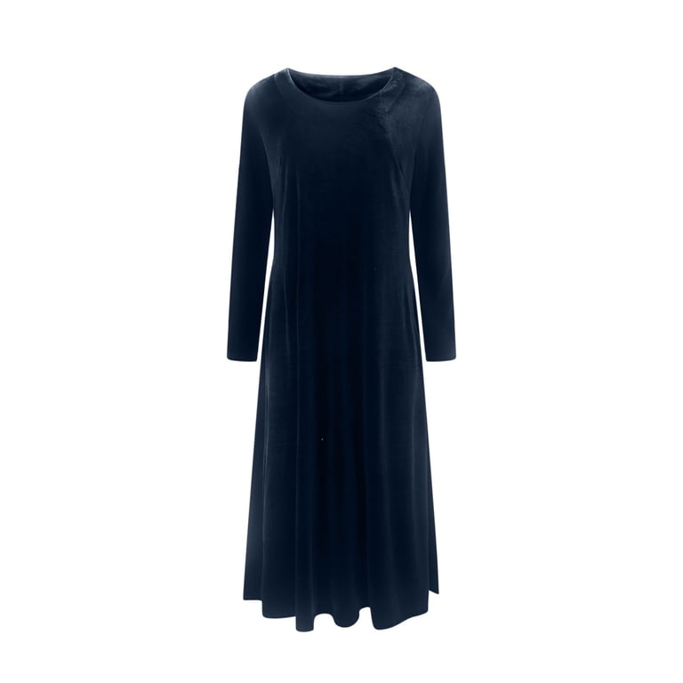 BRGZLK Womens Long Sleeve Dresses Gold Velvet Fall Winter Long Dress  Wedding Guest Party Maxi Dress Crew Neck A Line Solid Dresses with Pocket  Navy XXL - Walmart.com