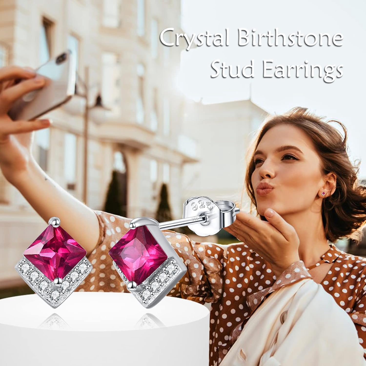 Birthstone Stud Earrings Sterling Silver Square Created Ruby Red Crystal July Earrings Cubic Zirconia Hypoallergenic Piercing Jewelry Small Gifts for Women Mothers