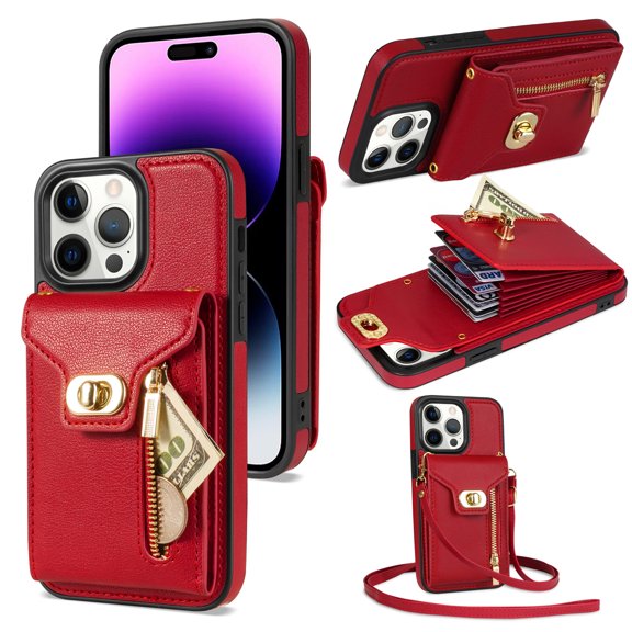 Allytech Cards Holder Wallet Back Case for Apple iPhone 15 Pro Max, Wallet Cover with 5 Card Slots 1 Zipper Pocket Stand Shockproof Bumper PU Leather TPU Wallet Case for iPhone 15 Pro Max - Red