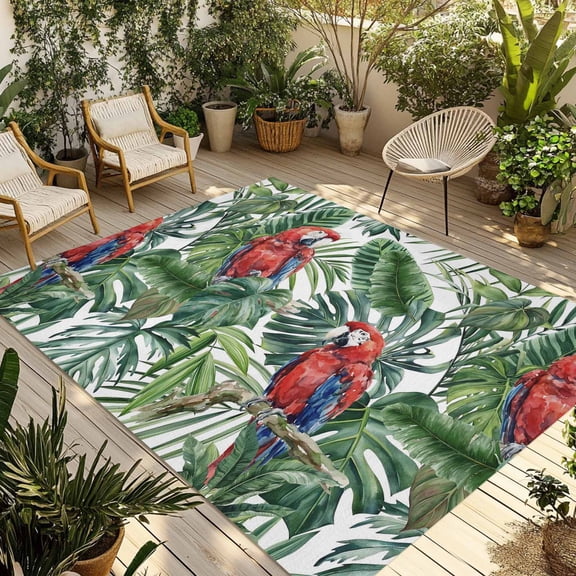 Tropical Plants Outdoor Rug for Patio/Deck/Porch, Non-Slip Large Area Rug 5 x 7 Ft, Summer Watercolor Parrots Green Leaves Indoor Outdoor Rugs Washable Area Rugs, Reversible Camping Rug Carpet Runner