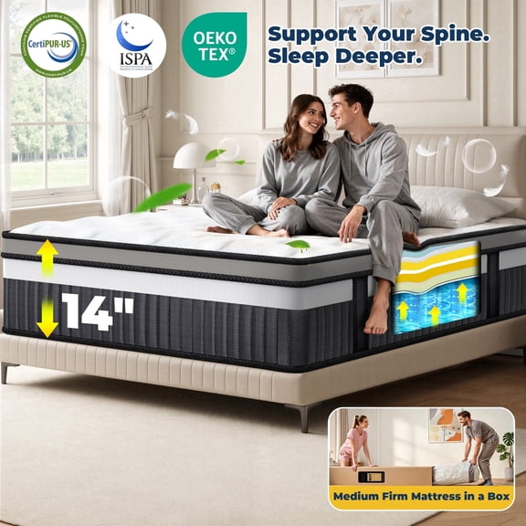14 Inch King Mattress in a Box, King Hybrid Mattress with Cooling Gel Memory Foam & Individually Pocketed Springs, Medium Firm, Pressure Relief & Motion Isolation, CertiPUR-US Certified