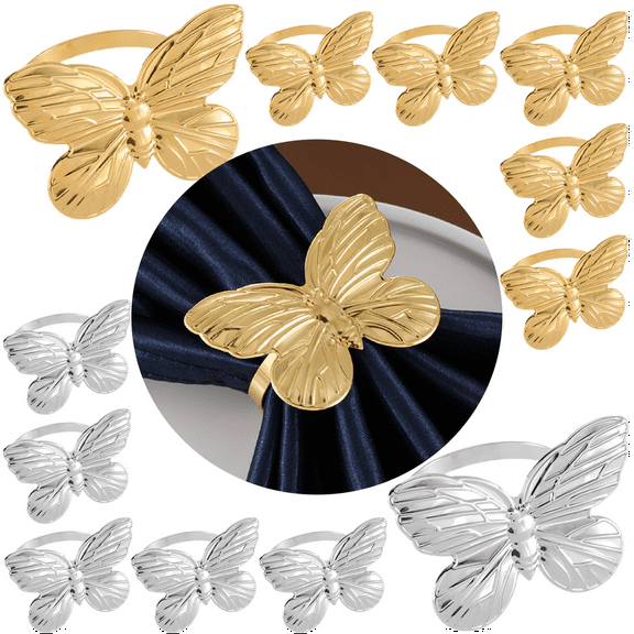 Napkin Rings Set of 12, Golden/Silver Butterfly Napkin Holders, Serviette Rings Bulk for Party Decoration, Dinning Table, Everyday, Family Gatherings