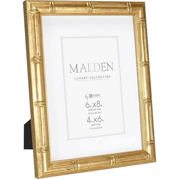 Malden International Designs 4x6 Matted Gold Bamboo PS Moulding Picture Frame Antique Gold Finish White Matboard