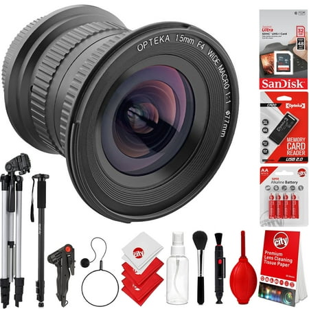 Opteka 15mm f/4 LD UNC AL 1:1 Macro Manual Focus Full Frame Wide Angle Lens for Nikon Digital SLR Cameras Bundle with SanDisk Ultra 32GB SDHC SD Class 10 48MB/s Memory Card & Accessories (8