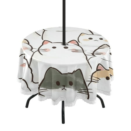 

60 Outdoor Round Tablecloth with Umbrella Hole & White Lace Trim Waterproof Patio Table Cover for Garden Kitchen Dining Caetoon Cats
