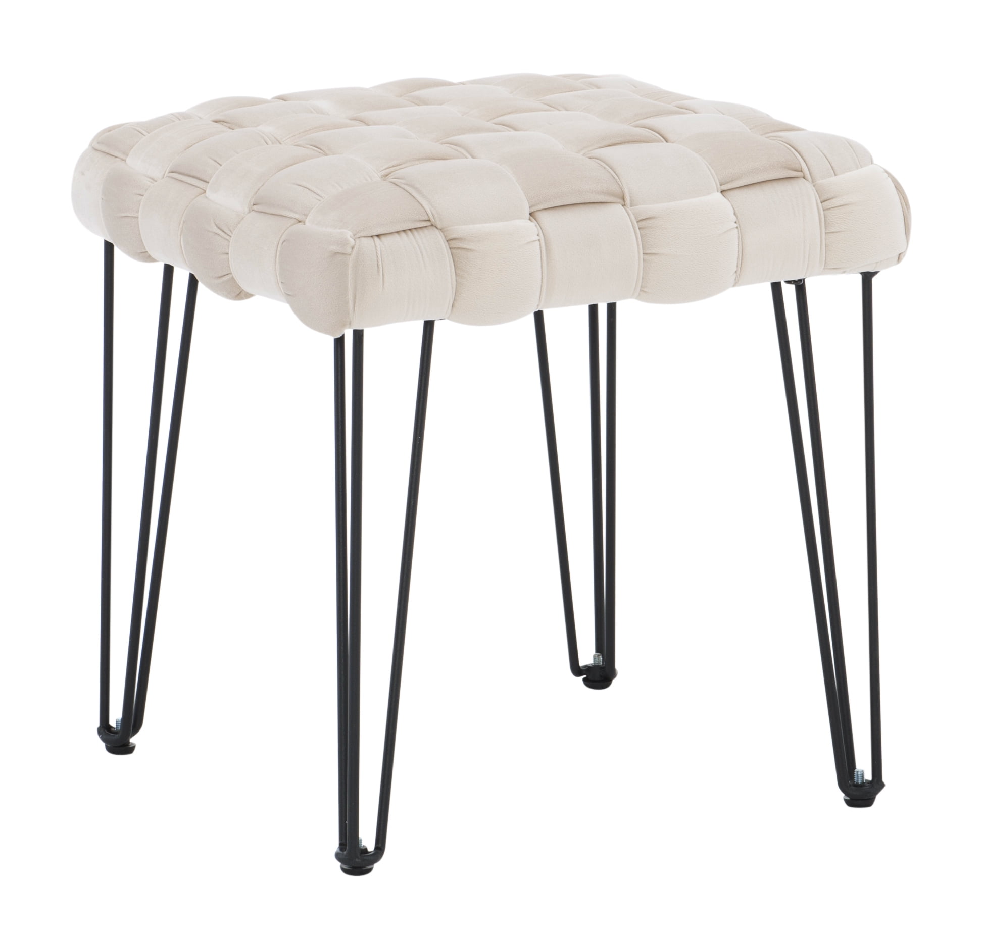 Powell Anya Square Handwoven Velvet Ottoman with Hairpin Legs, Cream