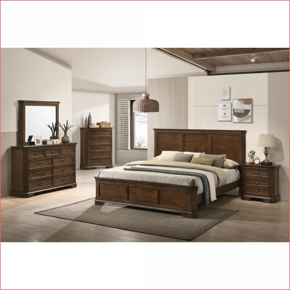 Bedroom Furniture Set, Traditional 5-Piece Queen Bed with Dresser, Mirror, Nightstand, Chest | Antique Walnut | Solid Wood | Standard Beds