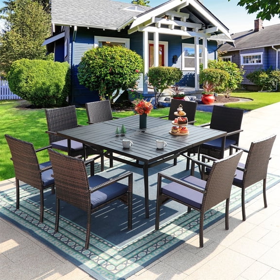 MF Studio 9-Piece Outdoor Patio Dining Set with 8 PCS Rattan Armchairs & 1 PC Large Square Table, Navy Blue
