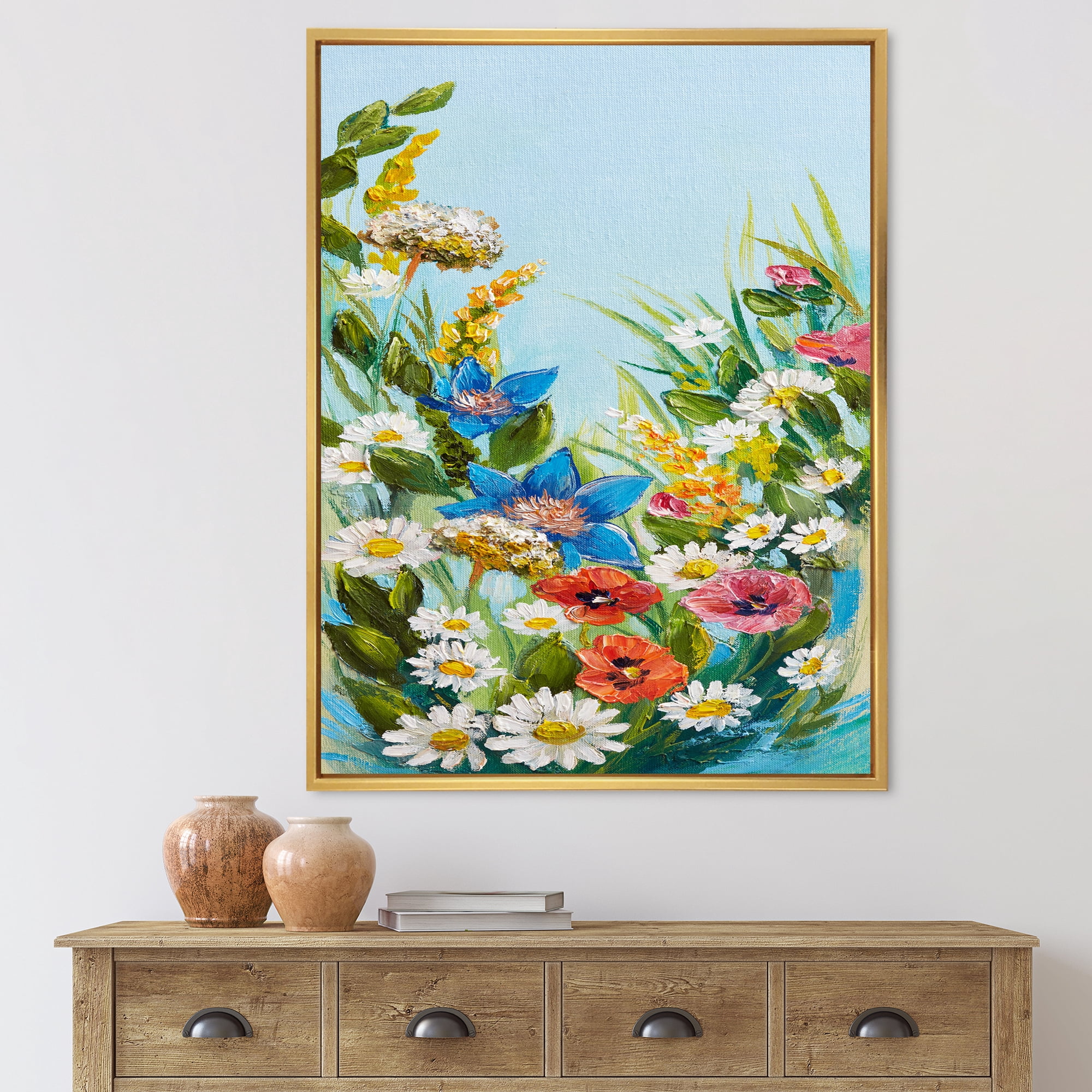 Still Life Of Colorful Wildflowers With Leaves I 24 in x 32 in Framed Painting Canvas Art Print, by Designart