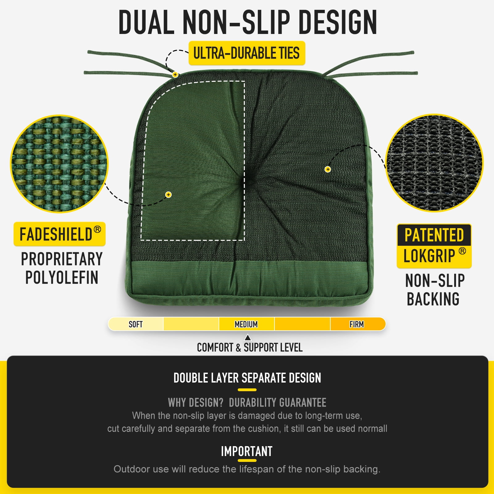 SUNROX Memory Foam Non Slip Rocking Chair Cushion, Set of Seat & Back Cushion with Ties for Indoor/Outdoor Rocker, FadeShield Water Resistant Thicken Durable Tufted Pads, 2 Piece, Army Green