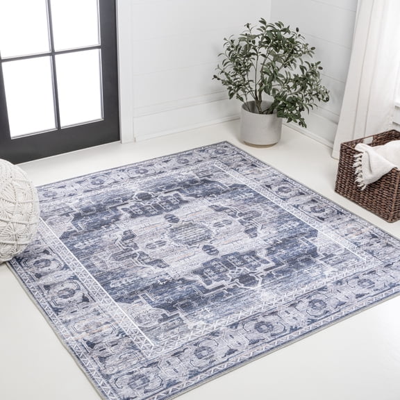 JONATHAN Y WASHABLE 8' Square Area Rug, Alanya Ornate Medallion - Navy/Cream, WSH100A-8SQ
