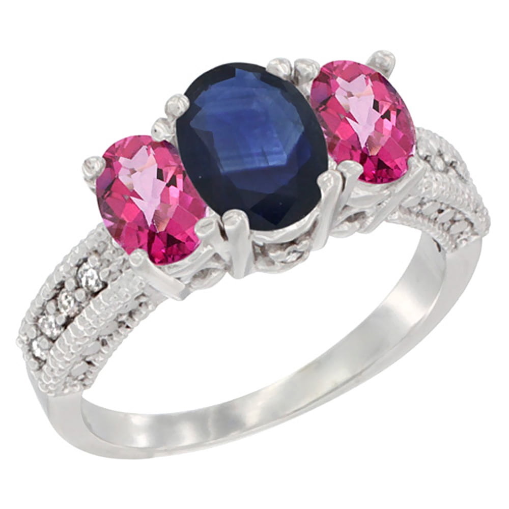 10K White Gold Diamond Natural Blue Sapphire Ring Oval 3-stone with Pink Topaz, sizes 5 10 by WorldJewels