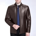 thumbnail image 2 of vdgthytj Leather Jacket Men Full Zip Stand Collar Long Sleeve Fall Winter Business Casual Work Jackets with Pockets(X-Small,Brown), 2 of 9