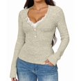 thumbnail image 2 of Women Lace Henley T Shirts Button Down Slim Fit Tops Long Sleeve V-Neck Tunic Top Blouse Light Green XL, 2 of 7