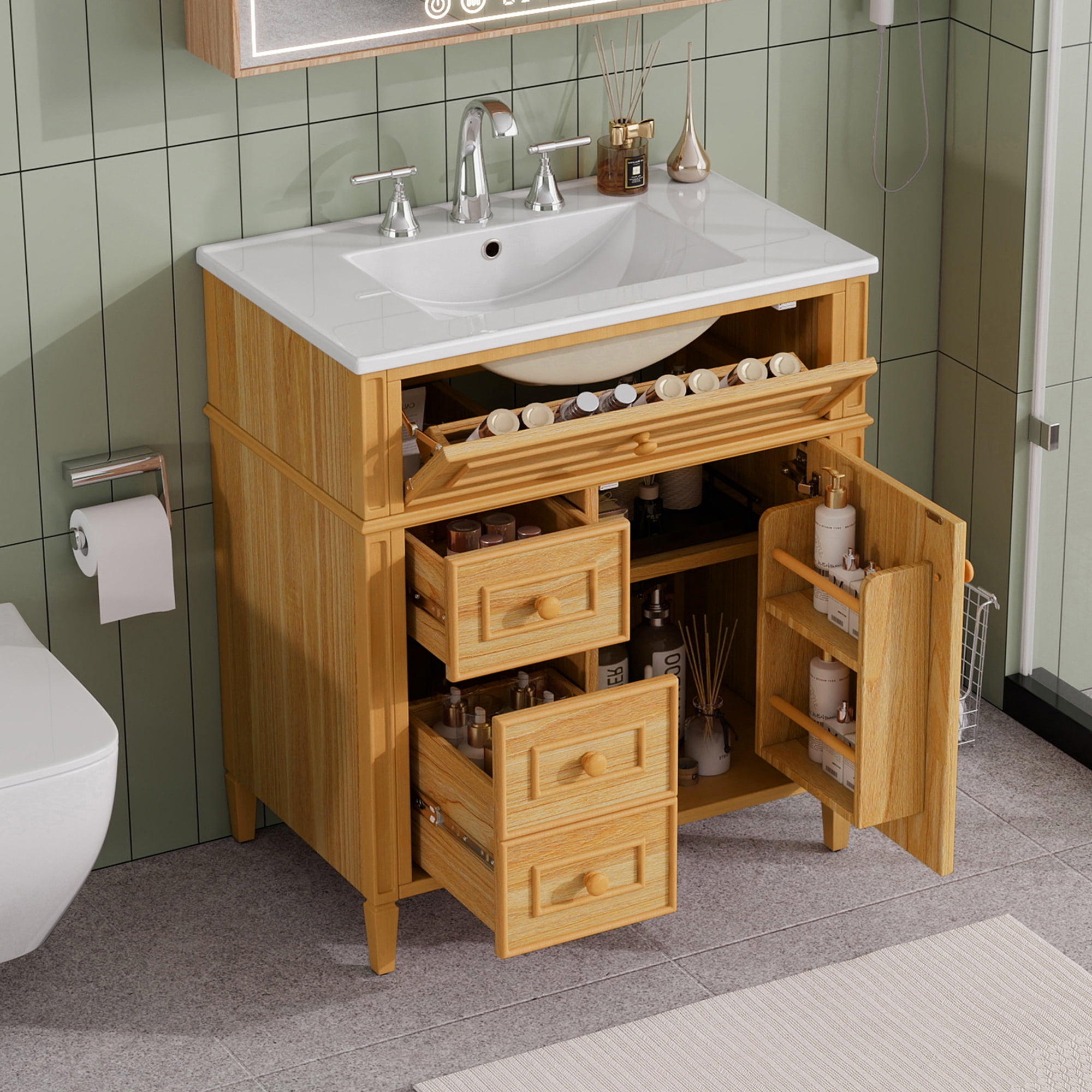 YIYADO 30" Bathroom Vanity with Sink Combination, Modern Bathroom Storage Cabinet Set with Flip Top Drawers and 1 Damper Door, Brown