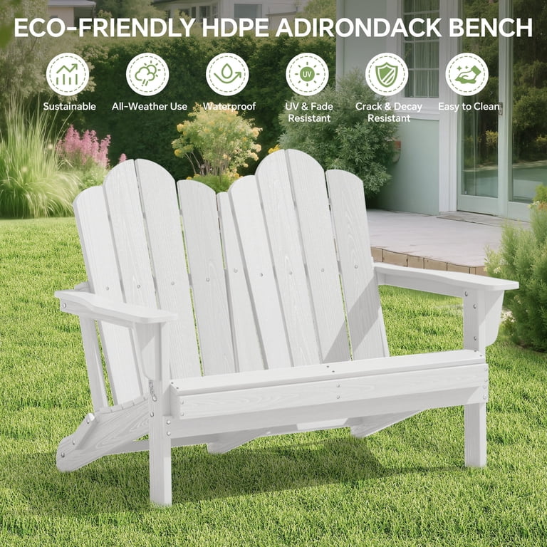 SERWALL, Outdoor Bench, Folding Adirondack Loveseat, White