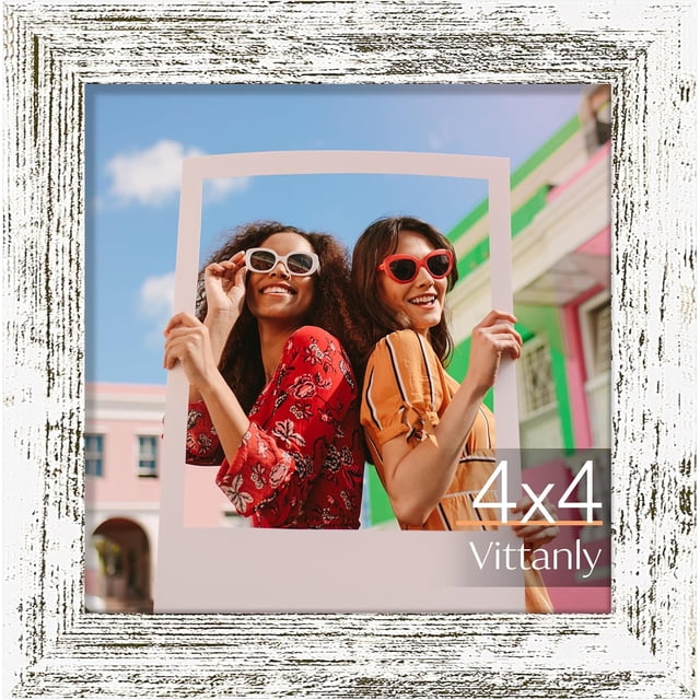 Vittanly 4x4 Picture Frame, Premium Material with Shatter Resistant Plexiglass, Photo Frame for Wall or Table Top Display, Distressed White, 1 Pack