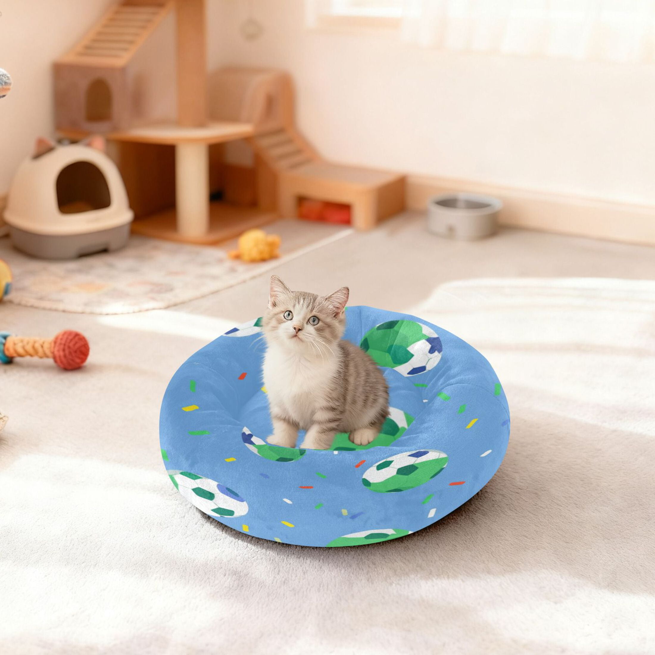 Iauyy Pet Couch Donut Cat Bed for Indoor Cats/Small Dogs Washable & Machine with Non-slip Bottom Calming Cat Furniture, Football Illustration (M)