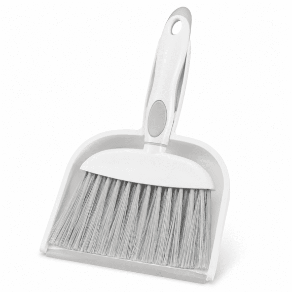 Small Dustpan and Brush Set - Mini Hand Broom & Dustpan Combo with Teeth - Compact Whisk Broom Set for Home, Desktop & Outdoor Cleaning - White Gray
