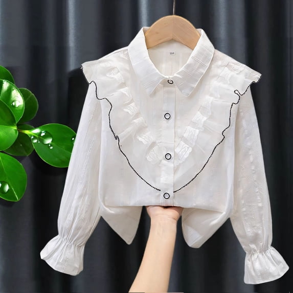 Girls Cute Doll Collar Shirt Girls Long Sleeve Tops Graphic Tee Classic Long Sleeve Button Down Tops Uniforms Shirts Soft Blouse Tops(Size 7-8 Years,4-Beige)