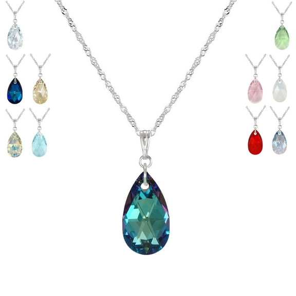 Your Choice of Color Small Austrian Crystal Teardrop Sterling Silver Rope Chain Necklace - Bermuda Blue