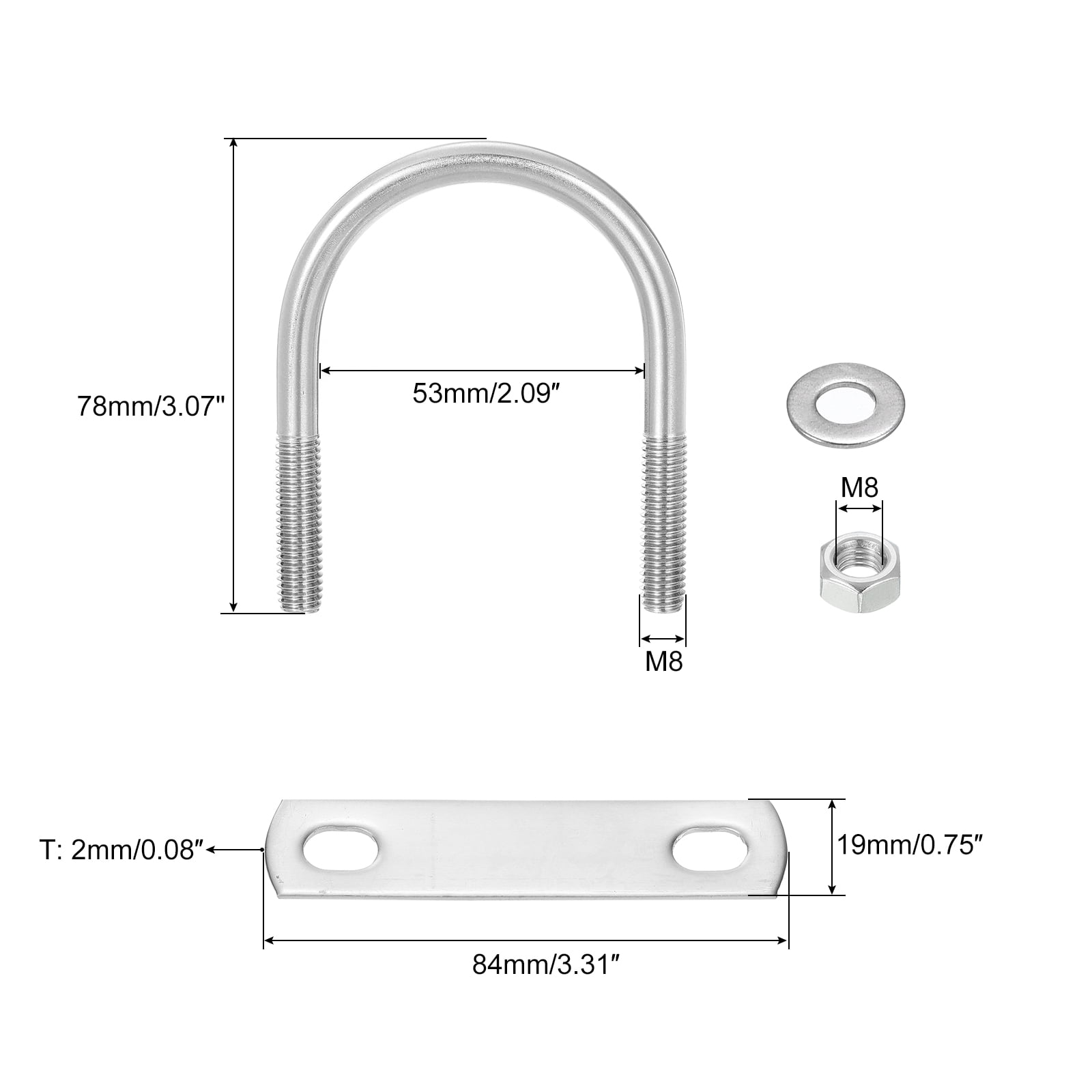 Round U-Bolts, 8 Sets 51mm(2.01") Inner Width 78mm Length M8 304 Stainless Steel U Clamp Bolt with Nuts and Plates