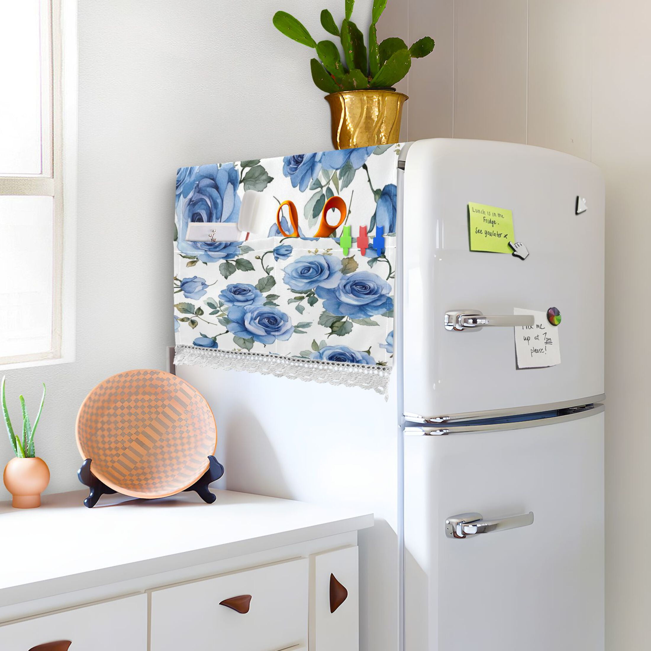 Blue RoseWasher and Dryer Covers Dust-Proof and Oil Resistant Fridge Cover with 4 Storage Pockets Washing Machine Top Cover for Laundry Kitchen Home 51.2 x 22 In