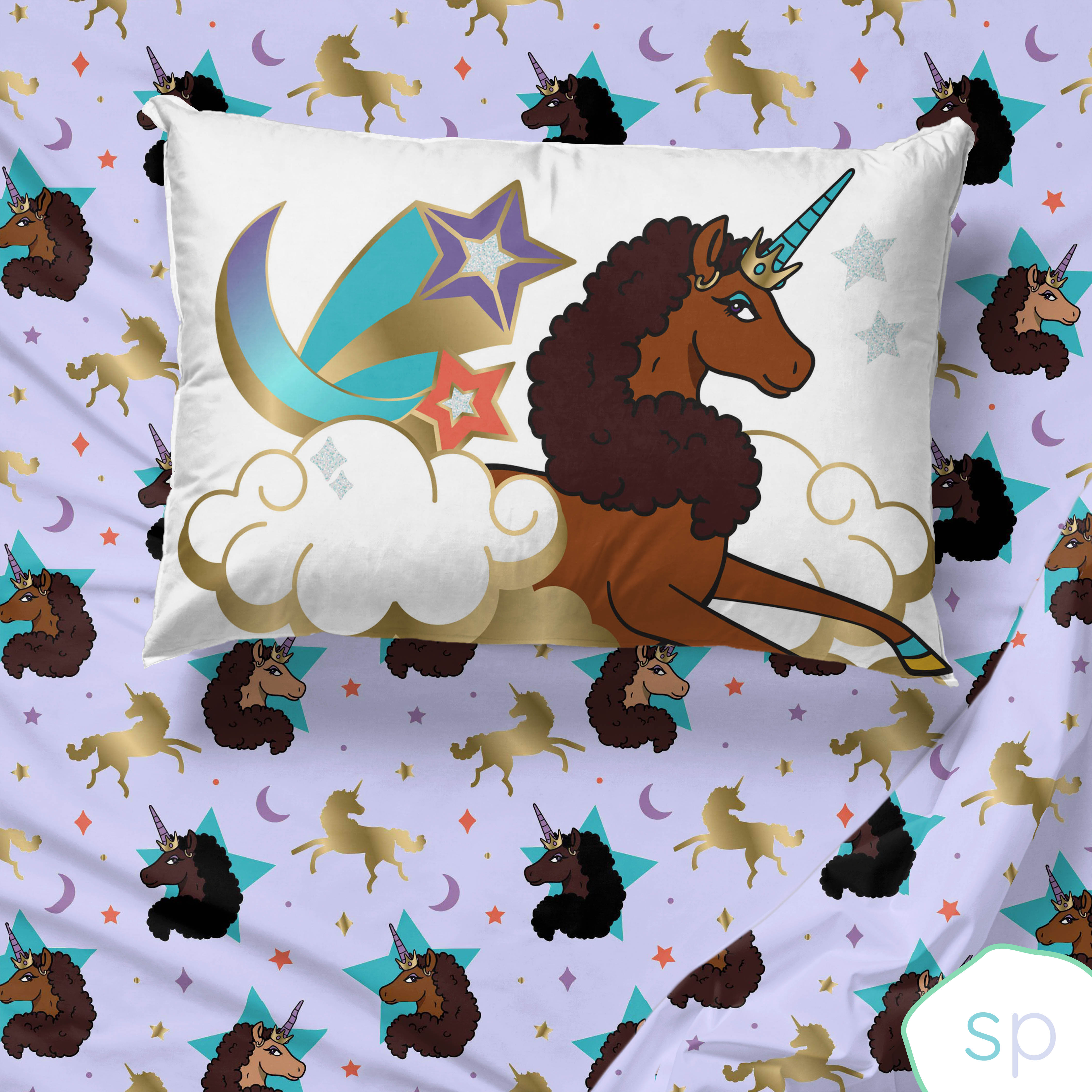 Afro Unicorn Kids 3-Piece Twin Sheet Set, Microfiber, Purple, Afro Unicorn