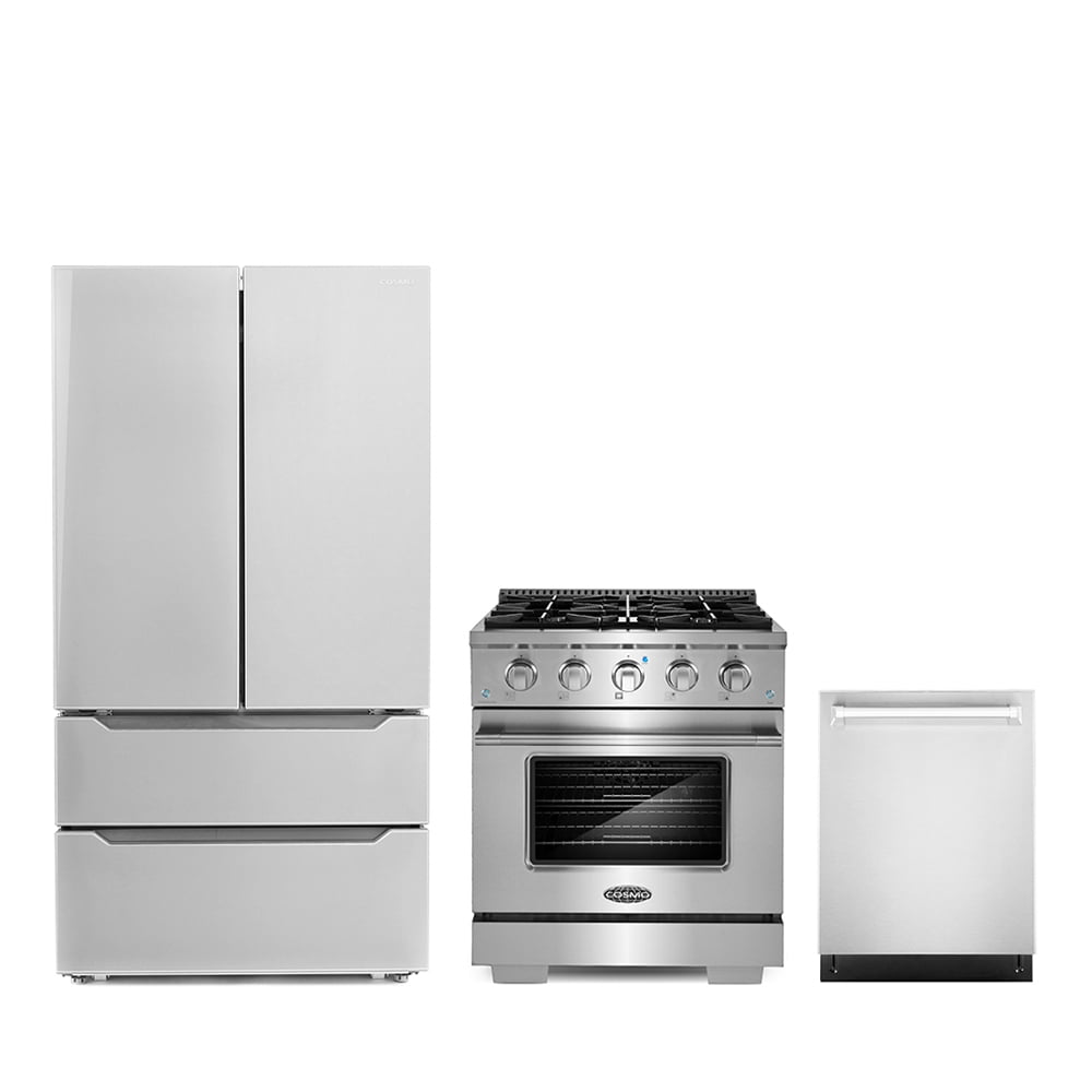 Cosmo 3 Piece Kitchen Appliance Packages with 30" Freestanding Gas Range Kitchen Stove 24" Built-in Fully Integrated Dishwasher & French Door Refrigerator Kitchen Appliance Bundles