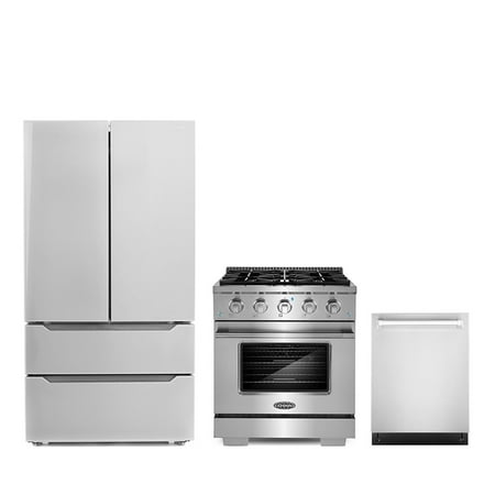 Cosmo 3 Piece Kitchen Appliance Packages with 30  Freestanding Gas Range Kitchen Stove 24  Built-in Fully Integrated Dishwasher & French Door Refrigerator Kitchen Appliance Bundles