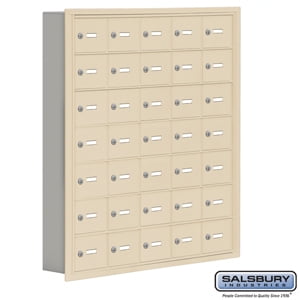 Cell Phone Storage Locker - 7 Door High Unit (5 Inch Deep Compartments) - 35 A Doors - Sandstone - Recessed Mounted - Ma