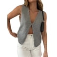 thumbnail image 3 of Womens Vintage Knittd Tank Y2k Vest Crop Top Sleeveless V-Neck Open Front Button Crochet Knit Vests Grey S, 3 of 9