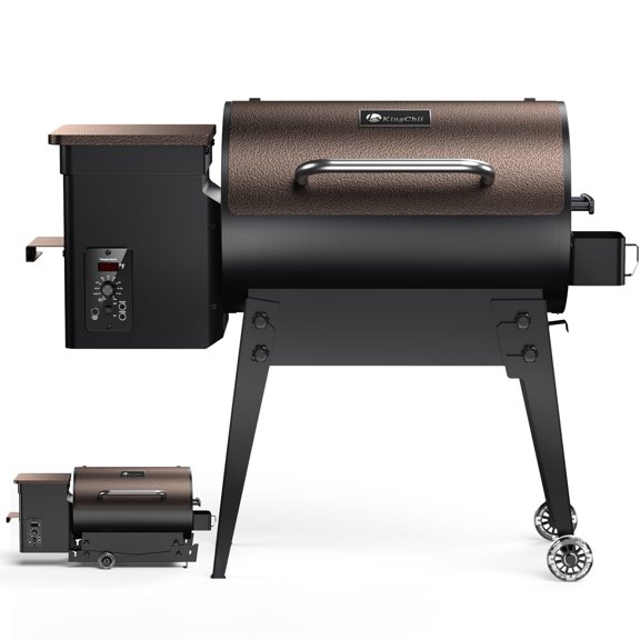 KingChii Gril à Granules de Bois et Fumoir de 456 Po2 avec Contrôle Automatique de la Température, Pieds Pliables pour un Rangement et un Transport Faciles, Gril BBQ Multifonction pour la Cuisson en Plein Air