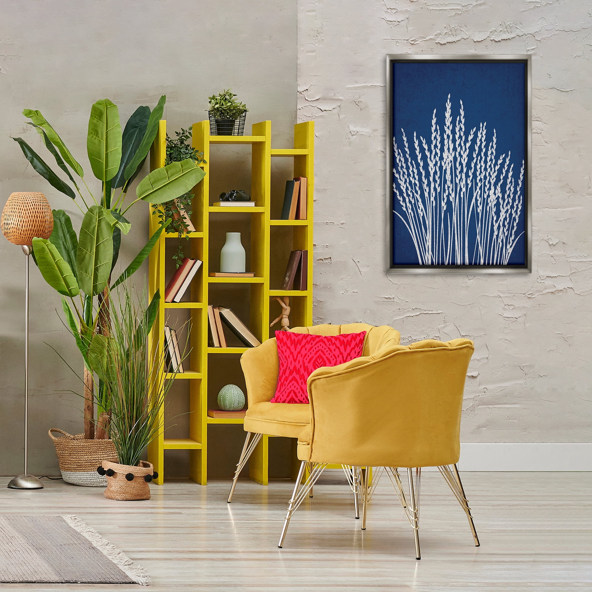 Stupell Industries Reed Grasses on Blue Plants & Flowers Painting Gray Floater Framed Canvas Art Print Wall Art, 21 x 31