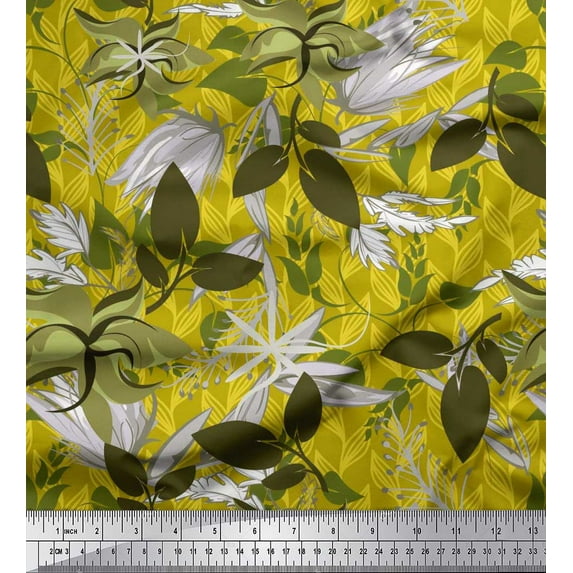 Soimoi Yellow Cotton Duck Fabric Artistic Leaves Print Fabric by Yard 56 Inch Wide