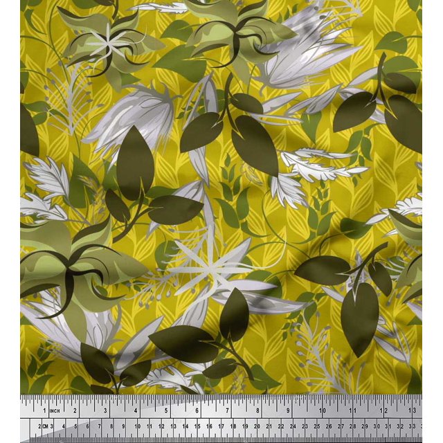 Soimoi Tissu Georgette Poly Jaune Motif Artistique de Feuilles Tissu au Mètre 42 Pouces de Large