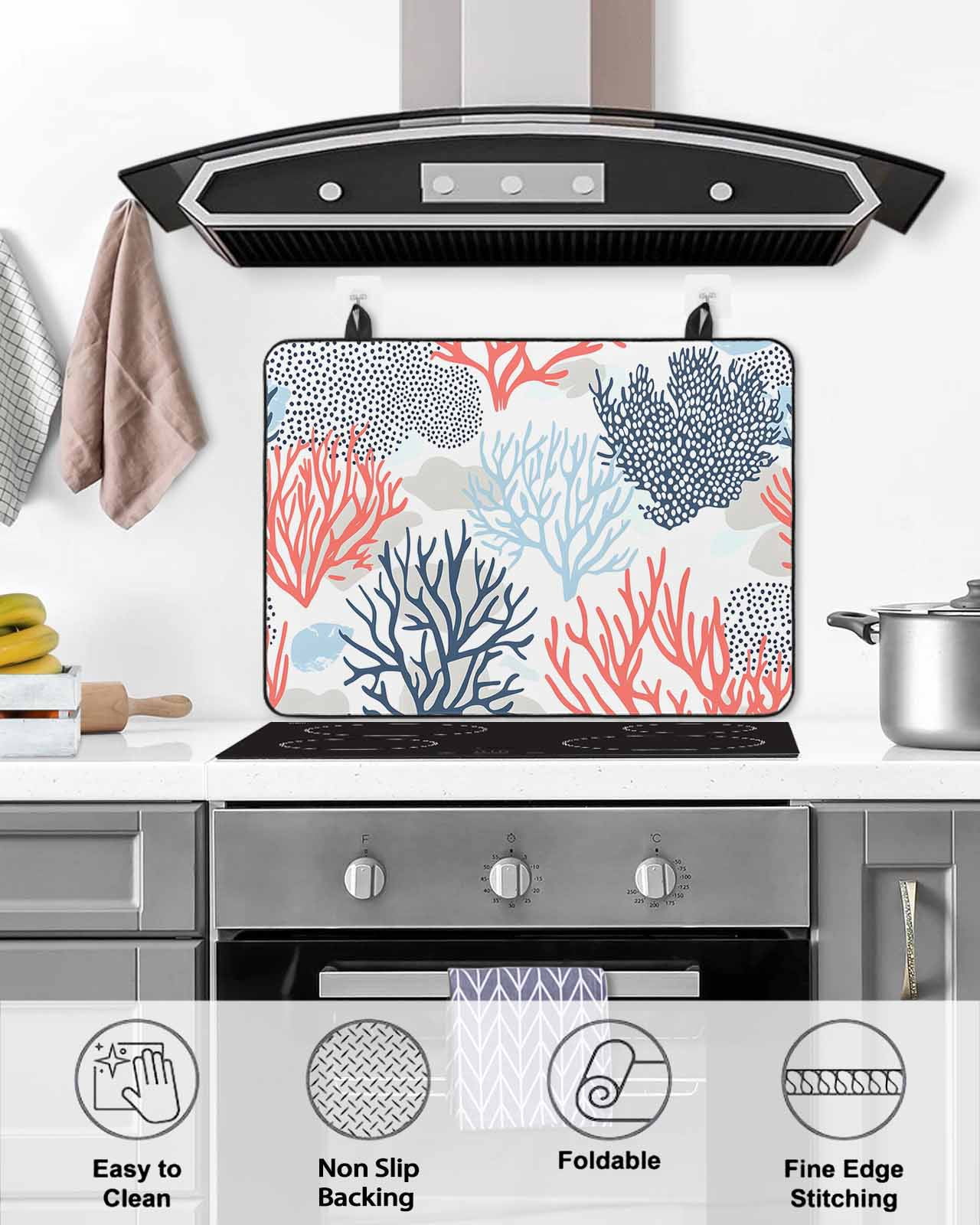 nqOlkjepod Large Induction Cooktop Protector Mat 36"x21", Blue Coral Stove Top Covers for Electric Stove, Summer Watercolor Ocean Botanical Textured Stove Burner Cover Mats, Glass Top Stove Cover