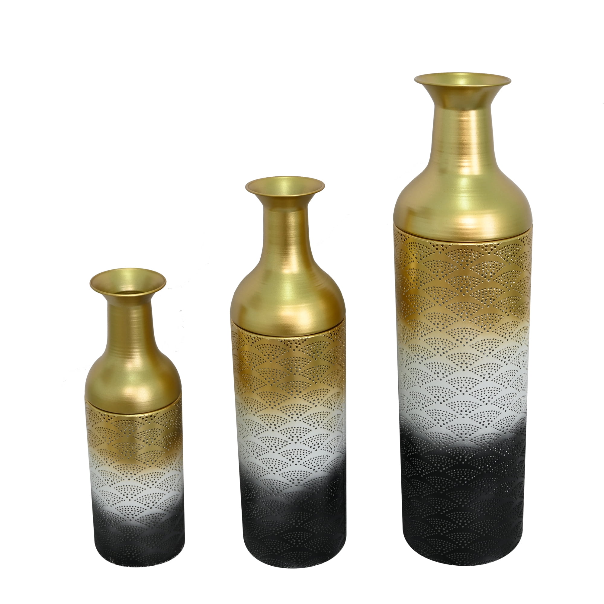 Leumius Decorative Metal Vases Set of 3, Leaf Pattern Floor Vases, White & Gold & Black Tall Vases for Home Decor, Living Room Entryway Decor