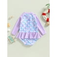 thumbnail image 3 of Traje de baño de una pieza Vigorbear para niñas pequeñas, con volantes, estampado de escamas de pescado y donas, manga larga, cuello redondo, media cremallera y volantes, 3 of 8