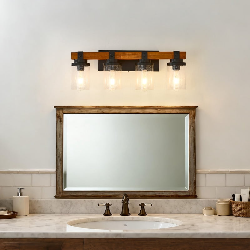 TICOZE 4-Light Matte Black and Wooden Wall Lamps with Glass Shade Vanity Lighting Fixtures for Dining Room Hallway Bedroom (Bulbs Not Included)