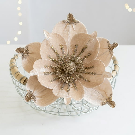 HCBY Artificial Silk Christmas Glitter Magnolia Flowers for Christmas Tree Wreath Garland Xmas Decoration (Gold,9.4")