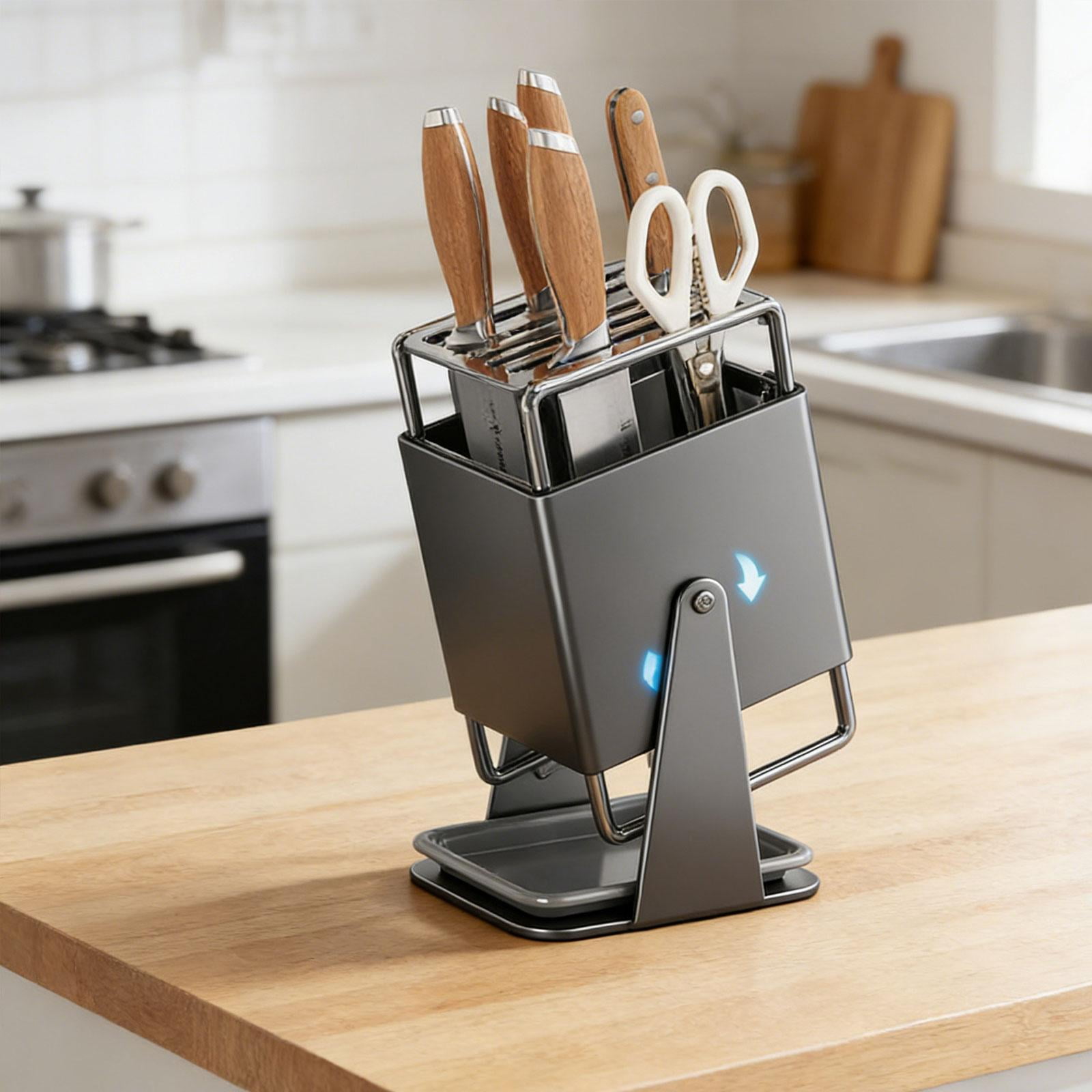 Fiocias Kitchen Knives Holder Stand Stainless Steel Utensil Block Space Saving Organizer Gray