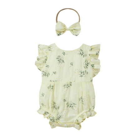 

Seyurigaoka Baby Girl’s Floral Ruffles Stitching Fly Sleeve Romper and Headband
